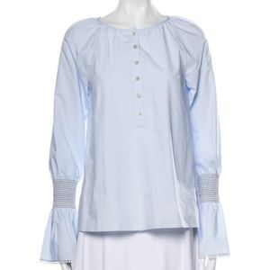 Derek Lam 10 Crosby Smocked long sleeve Blouse round neck button light blue